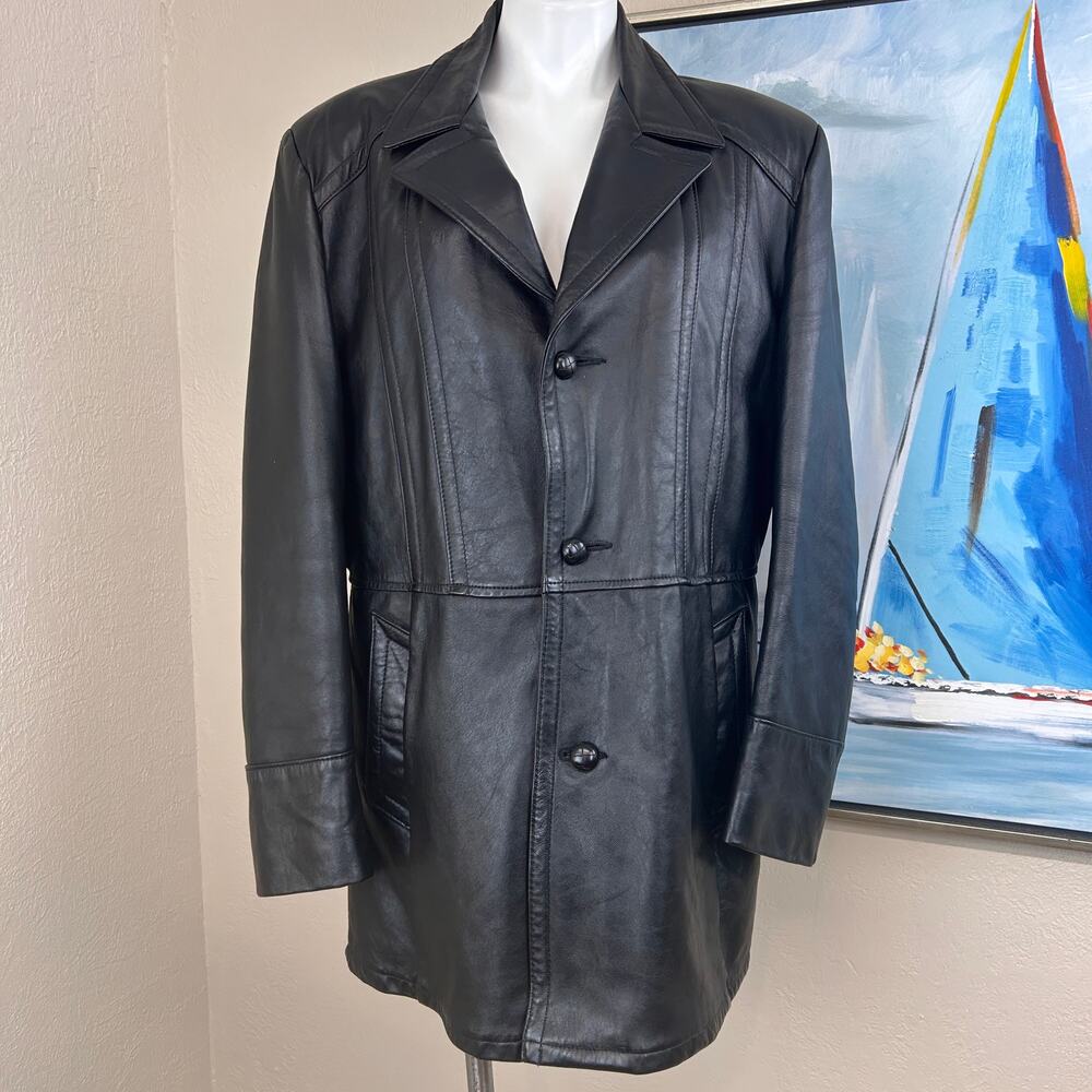 Reed Sportswear Men's Black Leather Long Coat / Car Coat made in USA